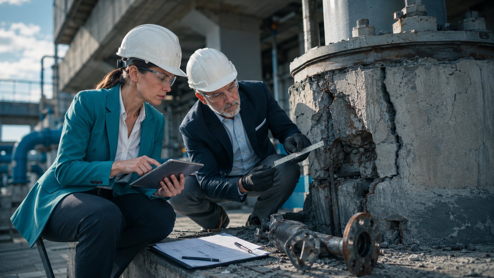 Forensic engineers investigating structural failure